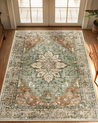 RELEANY Washable Area Rug, 3'x4', Brick/Brown/Green | Non-Slip, Water Repellent, Pet Friendly, Easy to Clean, Vintage Floral Boho Decor for Living Room Bedroom Beside Kitchen - color: Brick/Brown/Green, size: 3' X 4' (Rectangular)