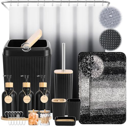 32PCS Bathroom Sets with Shower Curtain and Rugs,Bathroom Set Black Bathroom Accessories Black Shower Curtain Set with Bathroom Trash Can - size: Bath Set+Shower Curtain+Bath Rugs, style: Black
