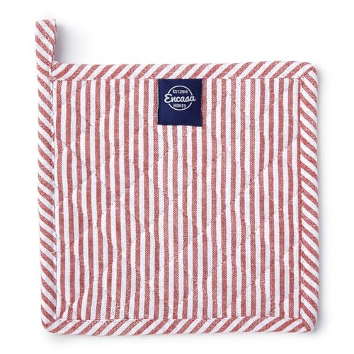 Encasa XO Pot Holders, Quilted Kitchen Hot Pads 8"x8" Ticking Red | 100% Eco-Friendly Cotton | Thick Cotton Padding Insulation | Convenient Hanging Loop | Set of 2 - color: Ticking Red
