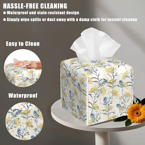 Yellow Berries and Leaves Tissue Box Cover Square, Autumn Floral Tissue Box Holder with Bottom Belt Leather Facial Paper Organizer Dispenser for Bathroom Bedroom Dresser Night Stand Tabletop - color: Yellow Berries and Leaves