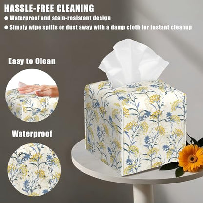 Yellow Berries and Leaves Tissue Box Cover Square, Autumn Floral Tissue Box Holder with Bottom Belt Leather Facial Paper Organizer Dispenser for Bathroom Bedroom Dresser Night Stand Tabletop - color: Yellow Berries and Leaves