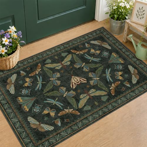 2x3 Entry Way Rugs Indoor - Dark Green Small Throw Rug for Kitchen, Bathroom, Insect Boho Design, Washable Non Slip Stain Resistant - color: Dark Green, size: 2' x 3' (Rectangular)
