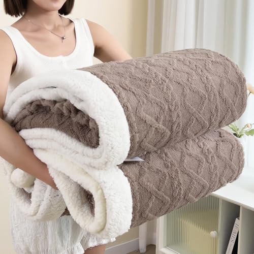 Queen Size Reversible Sherpa Fleece Blanket for Bed,Khaki,90"x90" | Soft Double-sided Sherpa Fleece,Jacquard Texture,Lightweight Warmth for Bed,Couch,Travel,Gifts & Easy Care - color: Brown, size: Queen(90"x90")