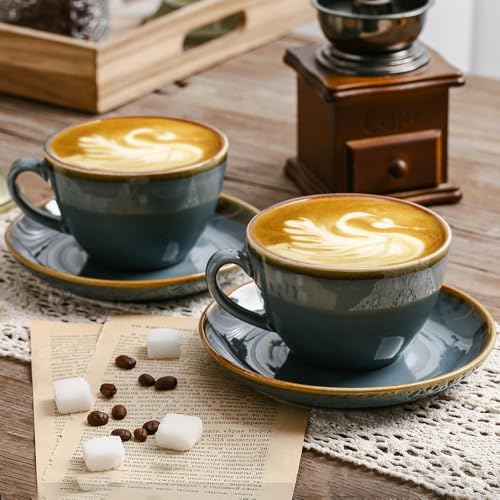 SHUER Ceramic Cappuccino Cup Set of 4, 7.8 OZ Cups and Saucers Set,Coffee Mocha Cup Sets,Black Coffee Cups and Glaze Americano Mugs Great for Party and Low Tea Time (Blue 220ml) - size: Small(220ml)