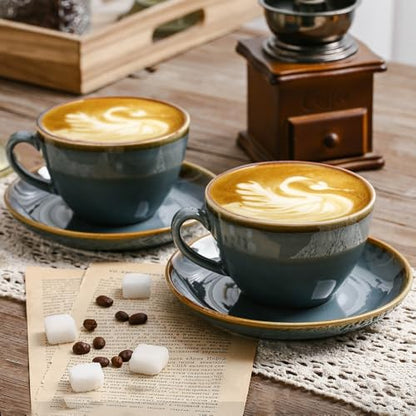 SHUER Ceramic Cappuccino Cup Set of 4, 7.8 OZ Cups and Saucers Set,Coffee Mocha Cup Sets,Black Coffee Cups and Glaze Americano Mugs Great for Party and Low Tea Time (Blue 220ml) - size: Small(220ml)