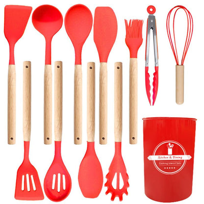 11 Piece Silicone Kitchen Utensil Set with Holder Heat Resistant Non Stick Cooking Tools with Wooden Handles Spatula Spoon Pasta Server Tongs Whisk Brush Black (Red) - color: Red