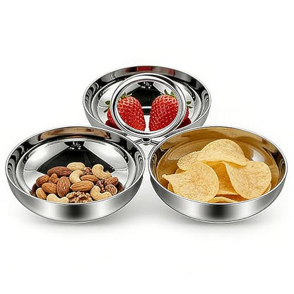 3-in-1 Stainless Steel Snack Bowls, Serving Tray for Nuts & Candy | Durable 304 stainless steel snack tray with 3 connected bowls, keeps nuts, candy and appetizers organized for parties.