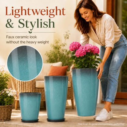 Neoaider Set of 3 Tall Planter, 24/21/12in Large Plastic Planter, Sky Blue | Ceramic-Look, Lightweight, Built-in Drain Hole, Saucers, Tall Outdoor Planter for Porch, Garden, Patio, Balcony - color: Sky Blue