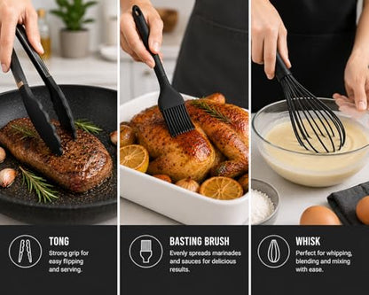 Caboh Silicone Kitchen Utensil Set 12 PCS – Heat Resistant Cooking Tools with Spatula, Serving Spoon, Tongs, Whisk & Holder, Nonstick Safe BPA-Free Kitchen Accessories Set (Black) - color: Black