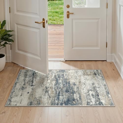 GENIMO 2x4 Small Entryway Rug Washable Non Slip Indoor Door Mat, Navy Blue | Modern Abstract, Lightweight Low Pile Thin Throw Rugs, Spill and Stain Resistant Soft Feel for Kitchen, Bathroom and Bedroom - color: Navy Blue Gray, size: 2' x 4' (Rectangular)