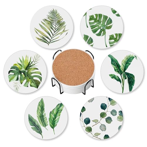 Coasters for Drinks Absorbent with Holder,Green Leaves Sets of 6 Durable Cup Coaster for Coffee Table Protection,Great Housewarming Birthday Gifts,Home Decor - color: Green Leaves