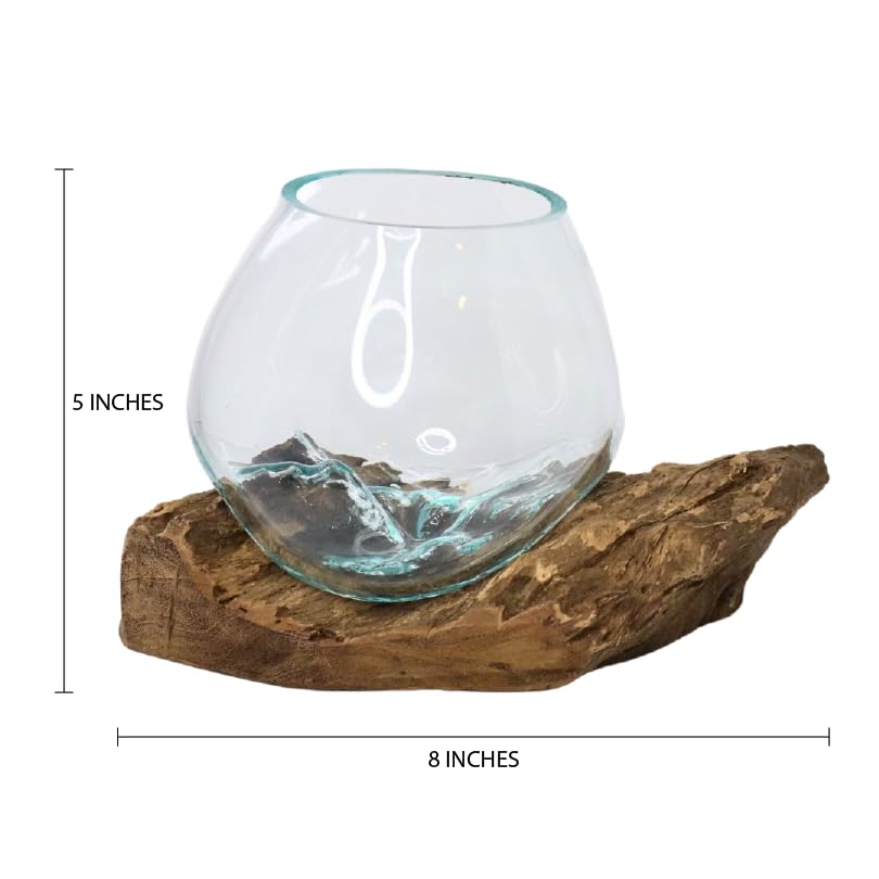 GamalFlow Medium Melted Glass Bowl On Wood Base, Perfect Terrarium or Planter, Brown, About 8" Wide