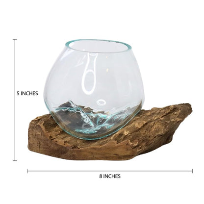 GamalFlow Medium Melted Glass Bowl On Wood Base, Perfect Terrarium or Planter, Brown, About 8" Wide