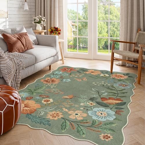 Lahome Floral Washable Rug, 3x5 Rug Soft Bedroom Rugs for Entryway Dorm | Non Slip Ultra-Thin Boho Rugs for Living Room Stain Resistan Throw Carpet for Nursery Entrance, Green - color: Green, size: 3' x 5'(Rectangular)