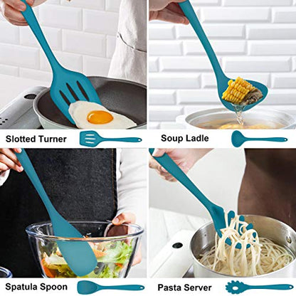 LIANYU 14 Pcs Silicone Kitchen Cooking Utensils Set with Holder,Dark Blue | 446°F Heat Resistant Silicone Cooking Utensils Spatula Set, Non-Stick & Dishwasher Safe Cooking Tools, Comfort Grip Handle - color: Dark Blue