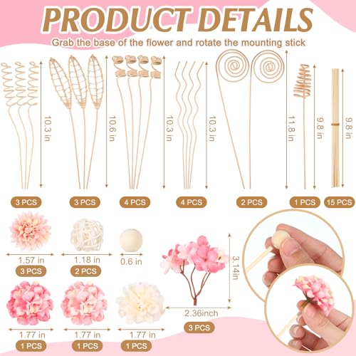 Queekay 32 Pcs Reed Diffuser Sticks Set Include 21pcs Natural Rattan Wood Beads, 11 Style Fragrance Diffuser, Rattan Reed Fragrance Replacement for Home(Pink Color) - color: Wood and Pink