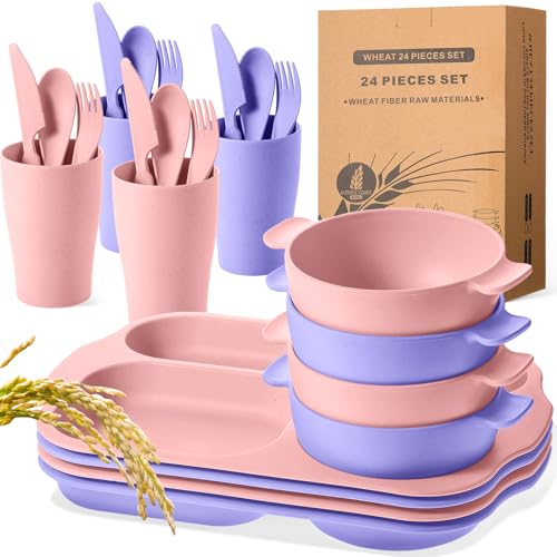 Honoson 24 Pcs Wheat Straw Dinnerware Cutlery Set, Service for 4, Unbreakable Plates and Bowls Set - Divided Plates, Bowls, Spoons, Forks & Knives, Microwave & Dishwasher Safe(Light Purple and Pink) - color: Light Purple, Light Pink