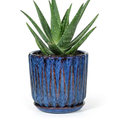 7.5 Inch Ceramic Planter Pot with Saucer Drainage Leak-Proof Mesh,Flower Pots for Indoor Plants with Gardening Gloves,Ceramic Planter(Peacock-Blue) - color: Peacock-blue, size: 7.5 Inch