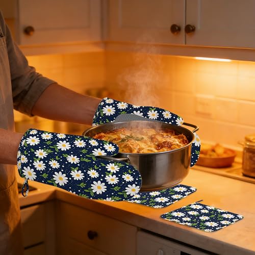 Heat Resistant Pot Holders and Oven Mitts,Daisy Flower Extra Long Kitchen Oven Mitt Set,Navy Blue Cotton Lining Anti-Slip Waterproof Kitchen Mittens Hot Pan Holder for Baking Cooking Grilling - color: Daisy Flower