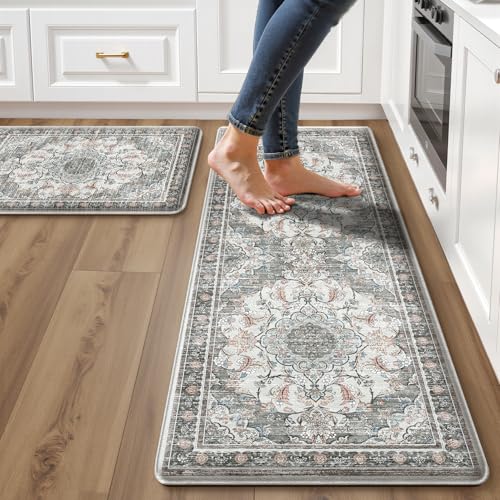 Boho Kitchen Mats for Floor 2 Piece Set Anti Fatigue Cushioned PVC Kitchen Rugs Non Slip Waterproof Farmhouse Mats 2/5 Inch Comfort Standing Mat for Sink, Laundry, 17.3"x47"+17.3"x28", Beige Grey - color: Beige Grey, size: 17.3"x28"+17.3"x47"