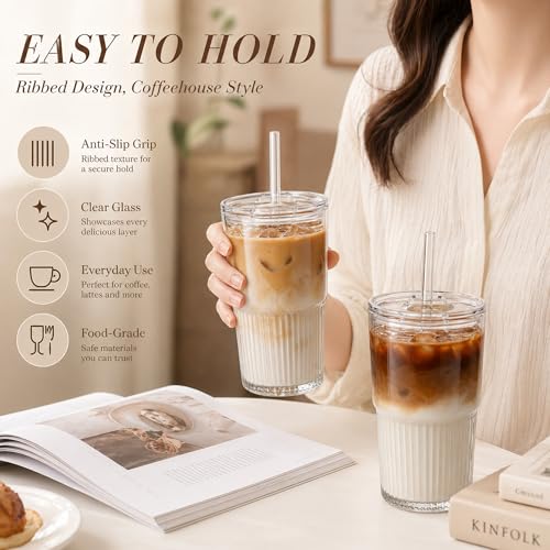 Haundry Ribbed Glass Tumbler with Lid and Straw, 4 Pack 16 oz Iced Coffee Cups, Reusable Drinking Glasses with Leak-Resistant Lids, Fits Car Cup Holders, Dishwasher Safe for Latte, Smoothie, Juice - color: 16oz-4pcs