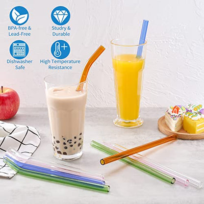 10 Pcs Reusable Glass Smoothie Straws,9''x12 mm Glass Drinking Straws for Milkshakes, Tea, Juice,Set of 5 Straight and 5 Bent with 2 Cleaning Brushes -Dishwasher Safe(Colorful)