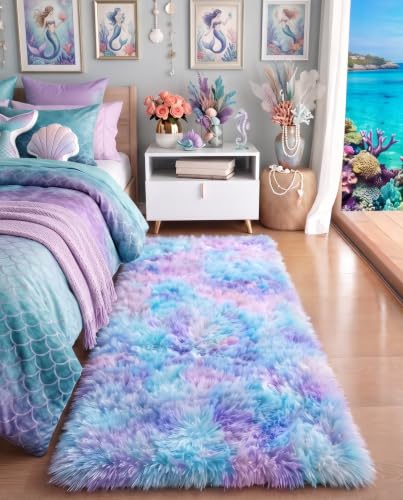 Adorable Rainbow Runner Rugs for Girls Bedroom Hallway, Purple Rug 2x6 Ft | Soft Vibrant Carpet for Kids Room,Plush Long Bedside Rugs,Non-Slip Mermaid Rugs for Nursery Kids Girls Room Home Decor Sturdy - color: 1- Rainbow Purple, size: 2' x 6' (Runner)