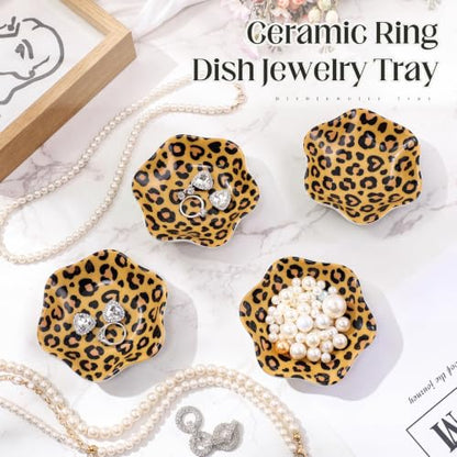 4 Pack Small Jewelry Dish Ceramic Trinket Holder Leopard Print Dish Tray for Rings Earrings Necklaces Bracelets 4.3 x 3.9 Inch Key Bowl Women's Birthday Mother's Day Wedding Gift - color: Brown, style: Ceramic