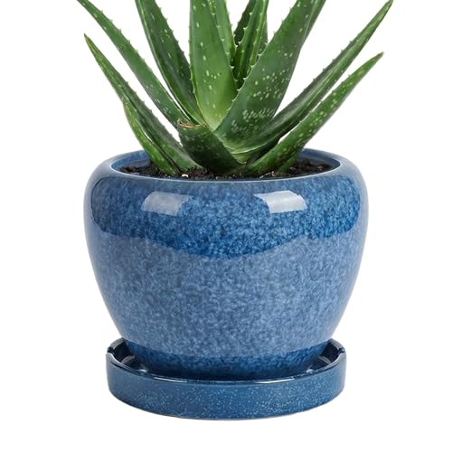 8.3 Inch Ceramic Planter with Saucer Leak-Proof Mesh &Drainage, Round Plant Pot with Gardening Gloves for Indoor Outdoor Plants (Sapphire Blue Glaze) - color: Sapphire Blue Glaze, size: 8.3 Inch