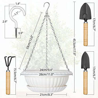 Hanging Planters, 5 Pcs 11" Hanging Pots, White Hanging Flower Pots, Hanging Plant Pots Baskets for Plants with Drainage Trays, Hanging Chains and Ceiling Hooks, Come with Free Garden Tools Set