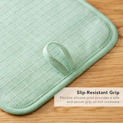 KITCHENAID Gourmet Series Gridlines Pot Holders 2-Pack Set, Heat Resistant up to 600°F, Soft Silicone Grip, Magnetic Cuff, Pistachio Green, 8"x8" - color: Pistachio Green