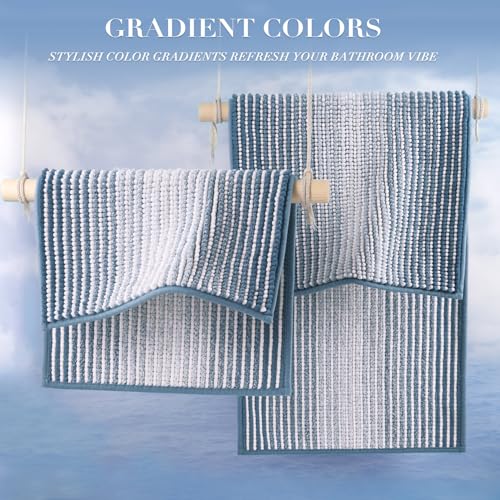 Bathroom Rugs Sets 3 Piece, Toilet Rugs U-Shaped Contour Bath Mat Set, Striped Absorbent Non Slip Chenille Shower Mat, Fog Blue - color: Fog Blue, size: 20"x32"+16"x24"+U Shape 20"x24"