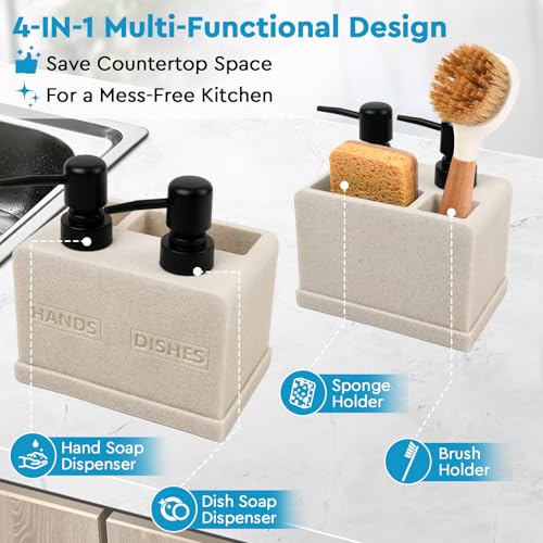 Hand and Dish Soap Dispenser Set for Kitchen Sink,Dual Soap Dispenser with Sponge Caddy and Brush Holder 4-in-1 Countertop Organizer for Kitchen Bathroom,Useful Kitchen Gadgets-Beige - color: 4 in 1 - Beige