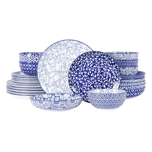 Selamica Ceramic Dinnerware Sets for 6, 24 Piece Plates and Bowls Sets, Scratch Resistant Dishes Set-Dishwasher & Microwave & Oven Safe, Vintage Blue - color: Vintage Blue, size: 24 Pieces