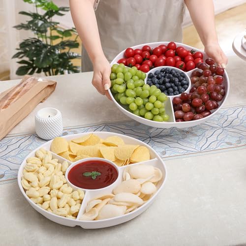 White Chip and Dip Serving Set, Divided Serving Platter Set, 4 Section Appetizers and Cheeses Serving Tray, Compartment Dishes for Party, Christmas, Dessert, Fruit, Candy, 13-inch, Set of 2 - color: White Round Divided Tray