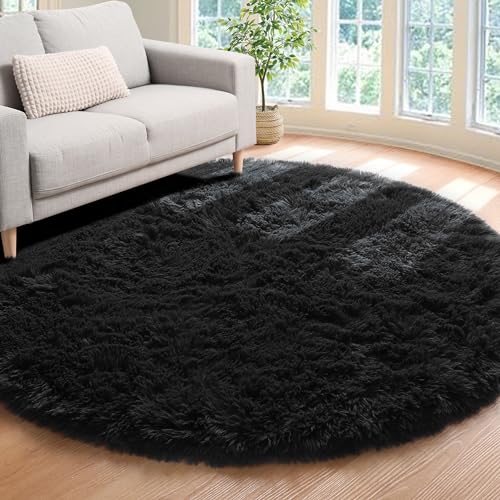 Black Round Area Rug 4ft, Soft Bedroom Circle Rugs Floor Mats for Kids Girls Boys Teen Room, Fluffy Plush Shaggy Carpet for Baby Nursery Living Room Playroom Dorm Home Decor - color: Black, size: 4' (Round)