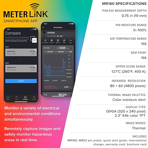 FLIR MR160 Imaging Moisture Meter with IGM Technology: Thermal Imaging, Pin & Pinless Detection, 80x60 Resolution, METERLiNK App, Rechargeable Battery - for Home Inspection & Mold Remediation | 80x60 thermal imager, METERLiNK app, rechargeable, 9999 image