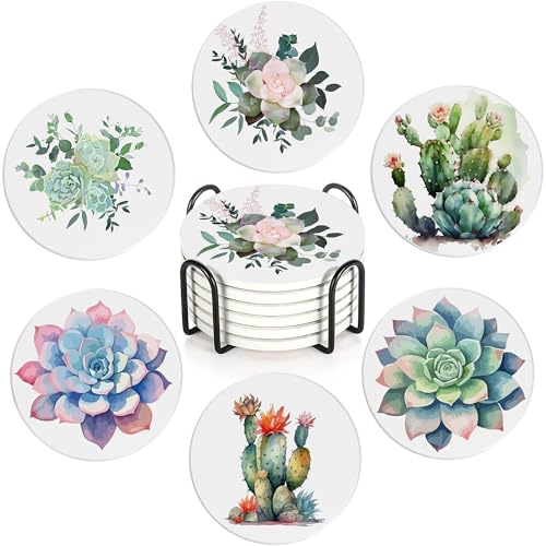 Table Coaster for Drinks Set of 6, Cactus Succulent Flower Round Ceramic Coasters,with Cork Base and Metal Holder,Great Housewarming Birthday Gifts,Home Decor - color: Cactus Succulent Flower