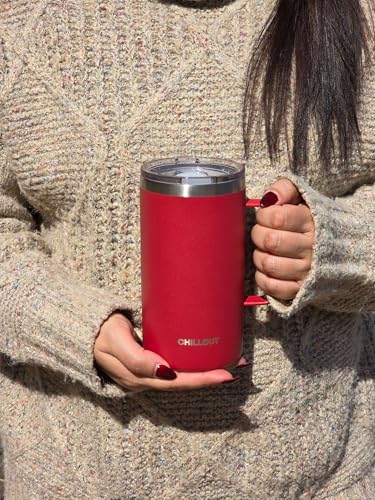 CHILLOUT LIFE Stainless Steel 20 oz Vacuum Insulated Coffee Mug with Handle and Lid, Large Thermal Camping Coffee Mug Cup with Durable Sliding Lid for Men & Women, Keeps your Beverages Hot/Cold - color: Cherry Red, size: 20 Ounces