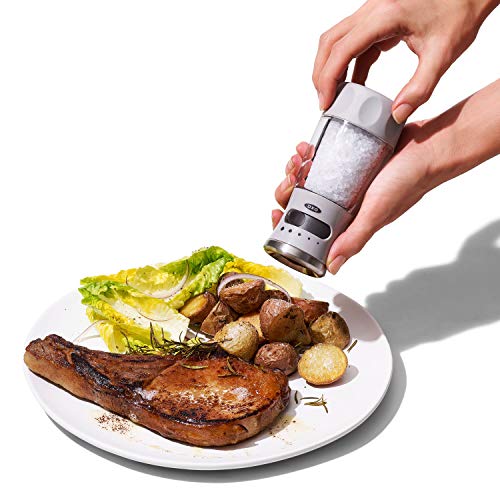 OXO Good Grips Contoured Salt Grinder with Adjustable Ceramic Mill | Adjustable Ceramic Grind, 5 Grind Settings, Refillable, Mess-Free Cap, Non-Slip Grip, Salt or Pepper Grinder, Easy to Use - color: Stainless Steel, style: Salt Grinder