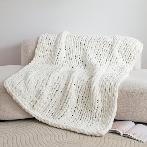 Chunky Knit Blanket Throw for Couch 50"×60" Cream | 100% Handmade Knitted Throw Blanket Fluffy Soft Blanket with Jumbo Chenille Yarn Thick - color: Cream, size: 50"*60"