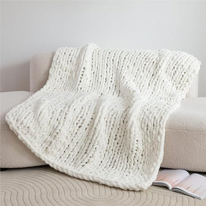 Chunky Knit Blanket Throw for Couch 50"×60" Cream | 100% Handmade Knitted Throw Blanket Fluffy Soft Blanket with Jumbo Chenille Yarn Thick - color: Cream, size: 50"*60"