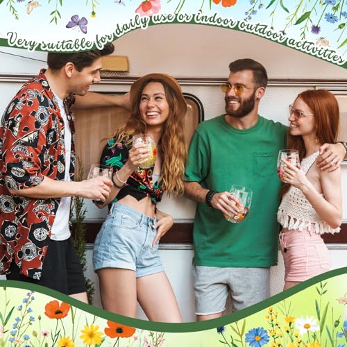 Sliner 2 Pack 17oz Wildflower Stemless Wine Glasses Floral Butterfly Drinking Glasses Spring Flowers Tumbler Cups for Graduation Wedding Mother's Day Birthday Drinking Party Favors - style: Wildflower