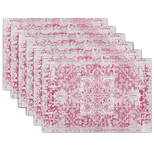 Gray Hot Pink Boho Placemats Set of 6 Ethnic Bohemian Carpet Place Mats Washable Kitchen Dining Vintage Grey Geography Floral Linen Table Mats Stain Heat-Resistant for Home Party Indoor 12x18 in - color: Hot Pink, size: 18x12 Inches set of 6