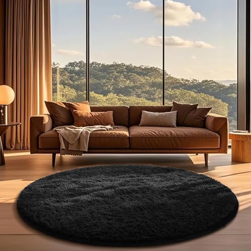 Ophanie Round Rug 6Ft Black Circle Area Rug, Room Decor for Men, Fluffy Fuzzy Bedroom Carpet, Plush Soft Shaggy Living Room Rugs for Kids Home Aesthetic, Nursery with Over 99 pcs Pile fibers - color: 3- Black, size: 6' (Round)