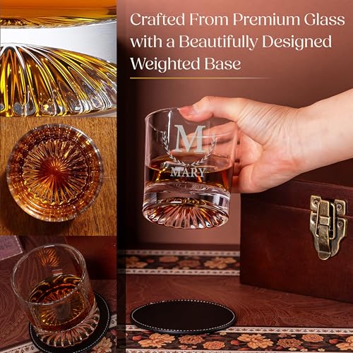 Custom Monogram Whiskey Gift Set, Glass Coaster Stones Wood Box for Him | Personalized Name, Leather Coaster, Stainless Steel Stones, Gift For Men, Husband Present, Dad Idea, Groomsmen Gift