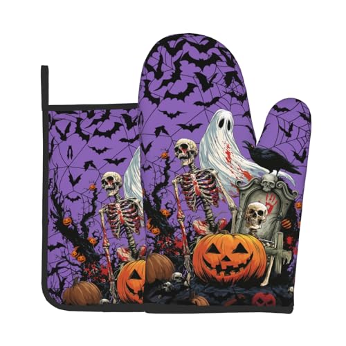 Giwawa Halloween Pumpkin Oven Mitts and Pot Holder Set of 2 Spooky Ghost Bat Heat Resistant Kitchen Gloves Hot Pad for Baking Cooking Grilling BBQ - color: Halloween Purple