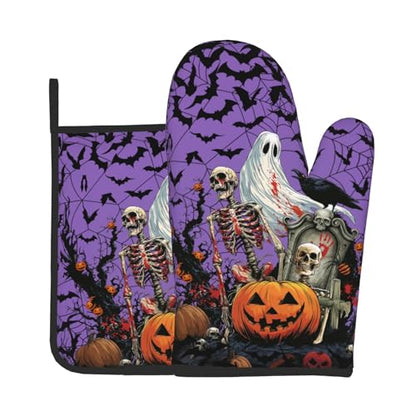Giwawa Halloween Pumpkin Oven Mitts and Pot Holder Set of 2 Spooky Ghost Bat Heat Resistant Kitchen Gloves Hot Pad for Baking Cooking Grilling BBQ - color: Halloween Purple