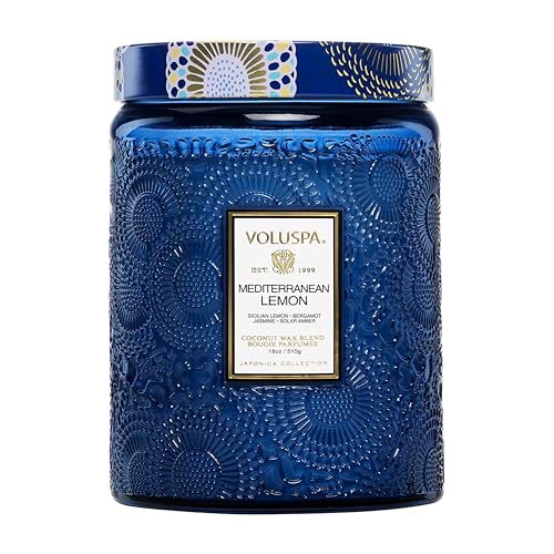 Voluspa Mediterranean Lemon Large Scented Candle Jar 18 Oz, 100 Hr Burn | Coconut Wax Blend in Decorative Glass, Clean Even Burn, USA Handcrafted Gift for Hosts, Fragrance Lovers & Relaxed Rooms - color: 5 - Mediterranean Lemon