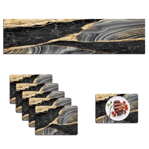 Mcalk Black Marble Table Runner and Placemats Set of 6 Pieces, Gold Marble Placemats, Modern Cloth Place Mats Indoor for Kitchen,Washable Linen Material for Dining Table - color: 02marble Black
